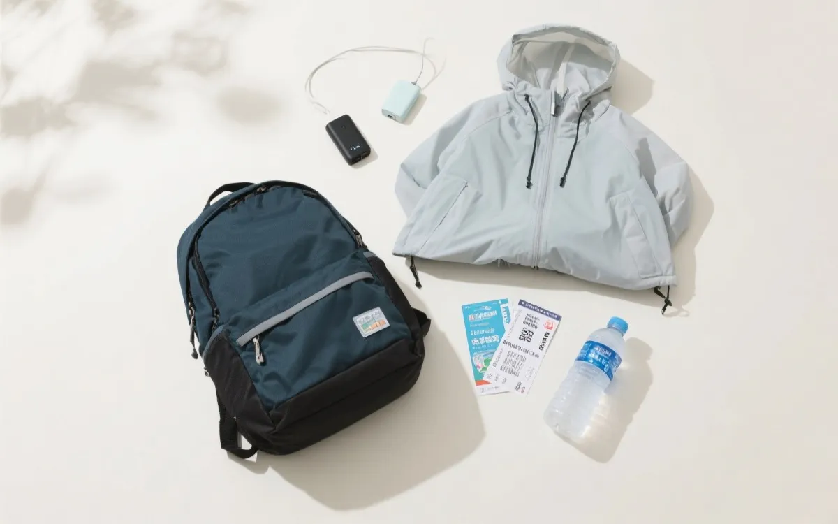 比赛日背包里的必备物品：雨披、轻薄外套、充电宝与票券